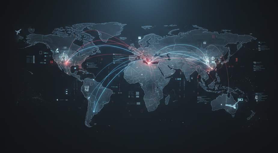 Dark-world-map-showing-AI-data-connections-between-the-U.S.,-China,-and-Russia-with-military-symbols