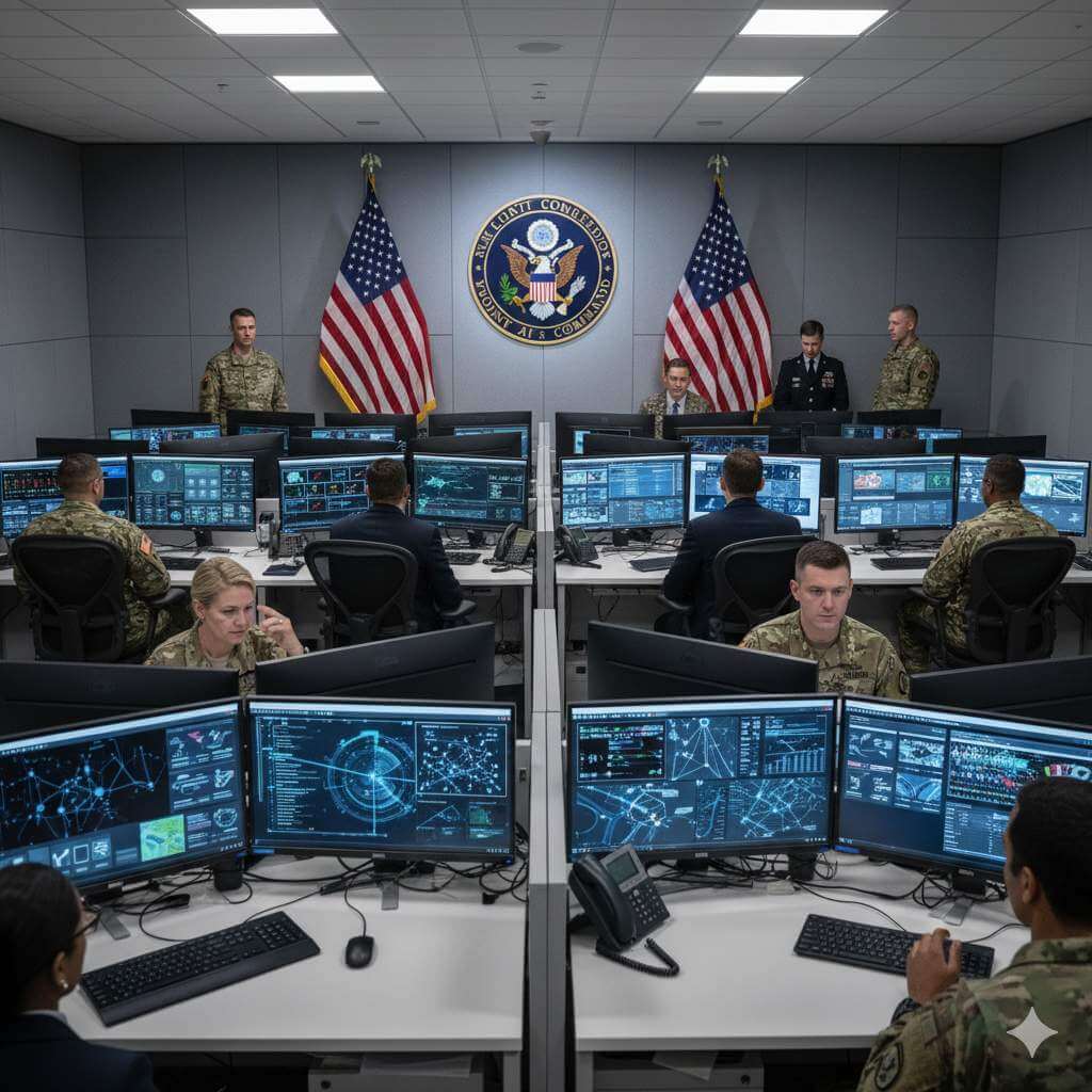 Military-and-civilian-analysts-working-on-AI-systems-in-a-Pentagon-style-office-with-U.S.-flags