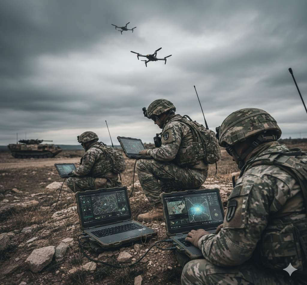 Soldiers-in-combat-gear-using-laptops-and-tablets-with-AI-battlefield-data-as-drones-fly–overhead