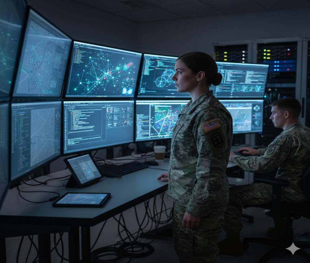 U.S.-Army-officer-in-a-high-tech-operations-room-analyzing-AI-data-and-tactical-maps