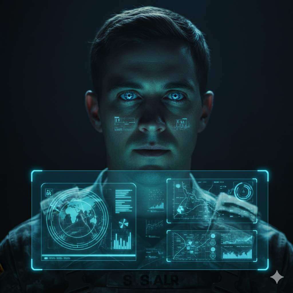 U.S.-soldier-in-uniform-standing-before-a-glowing-AI-interface-with-battlefield-data-reflected-in-their-eyes