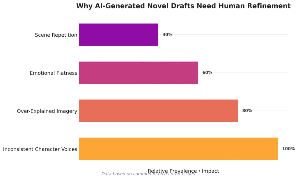 Bar graph of 4 AI novel draft issues needing human editing.